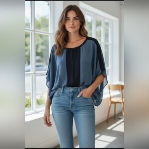 Natural Mullberry SIilk Blue and Black Top For Summer Day